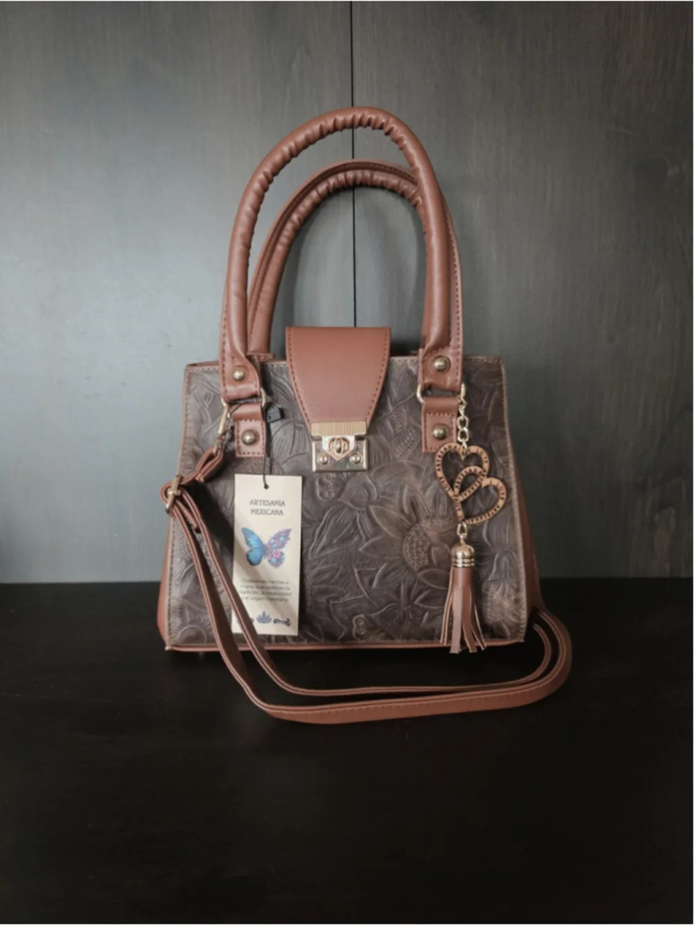 Chocolate Brown Tasseled Floral Embossed Tooled Artisan LEATHER Crossbody Purse